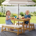 thumbnail image 1 of UBesGoo Patio Wood Kids Activity Table Set, 3Pcs Child Picnic Table with Cushion & Umbrella, for Indoor/Outdoor Homework, Handwork, Crafts, Meal (Natural), 1 of 9