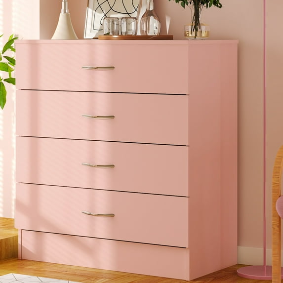 UBesGoo Pink Chest of Drawers Dresser Wood Organizer Cabinet, 4 Drawer Nightstand Side Table, Furniture for Bedroom