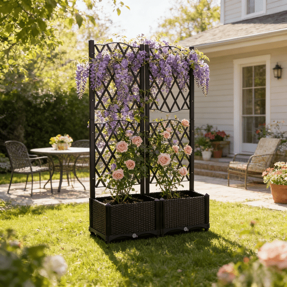 UBesGoo Plastic Raised Garden Bed with Trellis, Planter Box with Drainage Holes, Outdoor Privacy Screen for Climbing Plants, Vegetable, Vines,Brown