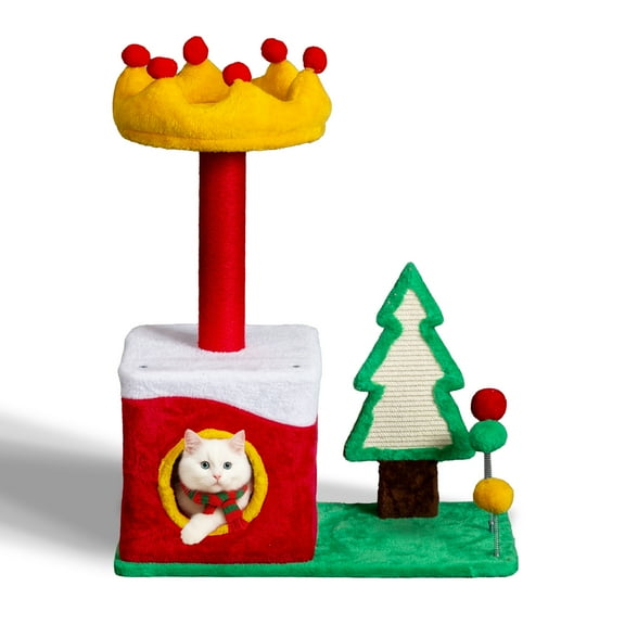 UBesGoo Plush Christmas Cat Tree, Festive Multi-Level Tower with Cozy Cat Condo & Scratching Surfaces