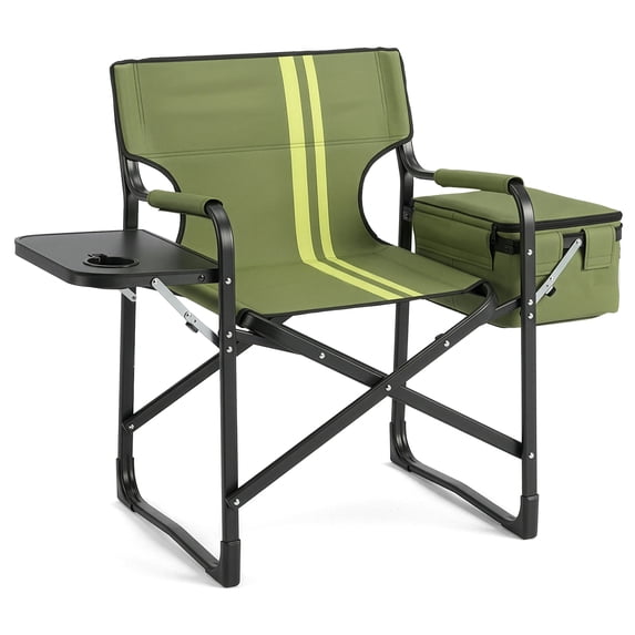 UBesGoo Portable Director Chair, 265 lbs Capacity Folding Outdoor Chair with Side Tray & Insulated Cooler Bag for Camping, Tailgating, Sports, Army Green with Light Yellow Accents