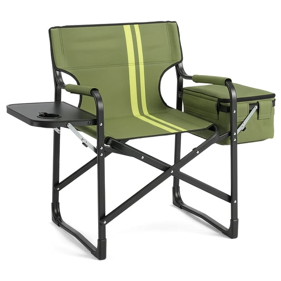 UBesGoo Portable Director Chair, 265 lbs Capacity Folding Outdoor Chair with Side Tray & Insulated Cooler Bag for Camping, Tailgating, Sports, Army Green with Light Yellow Accents