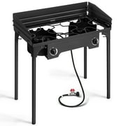 UBesGoo Portable Propane 15,0000BTU 2 Burner Outdoor Camp Stove w/ Wind Panel, Black