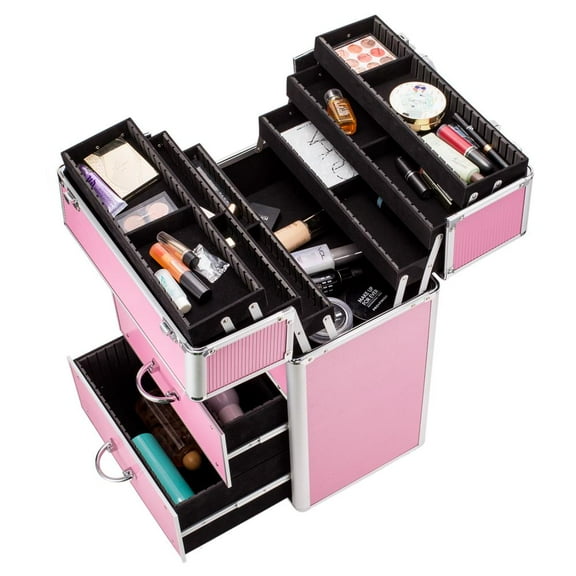 UBesGoo Pro Rolling Aluminum Makeup Train Box with Extendable Trays and Drawer