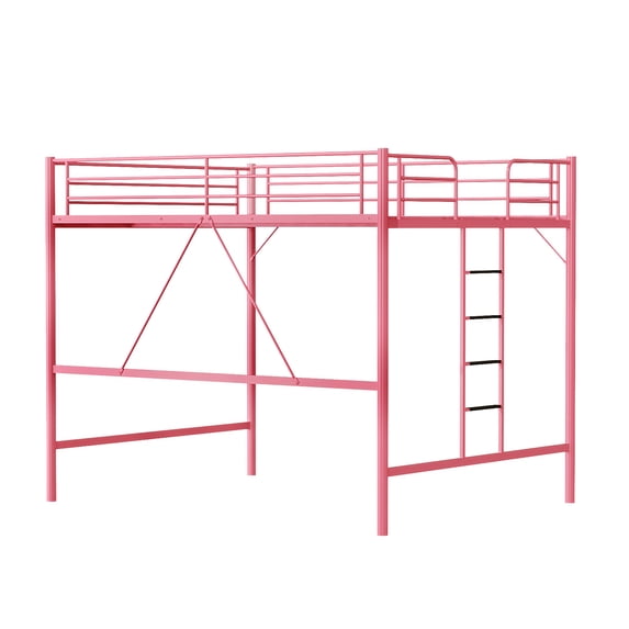 UBesGoo Queen Metal Loft Bed Frame with Horizontal Guardrail, Vertical Ladder with Rubber Anti-Slip Pads, Safe Heavy-Duty Frame, Pink