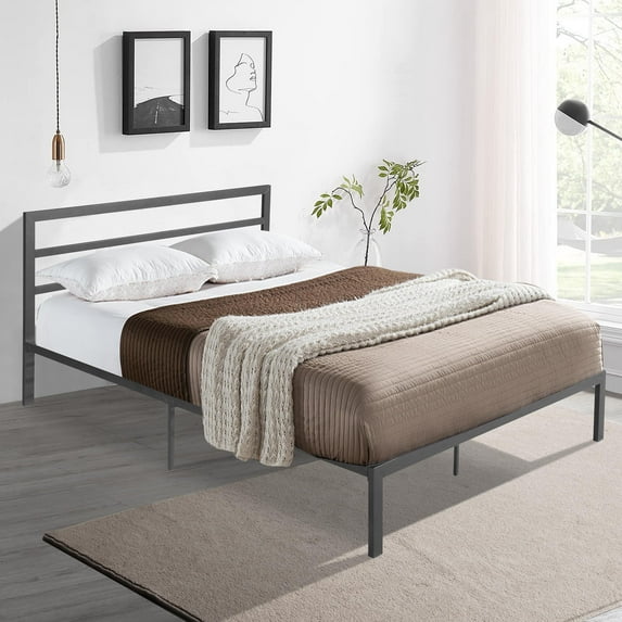 UBesGoo QueenAssembly Mattress Foundation with Headboard Metal Bed Frame No Box Spring Needed, Gray