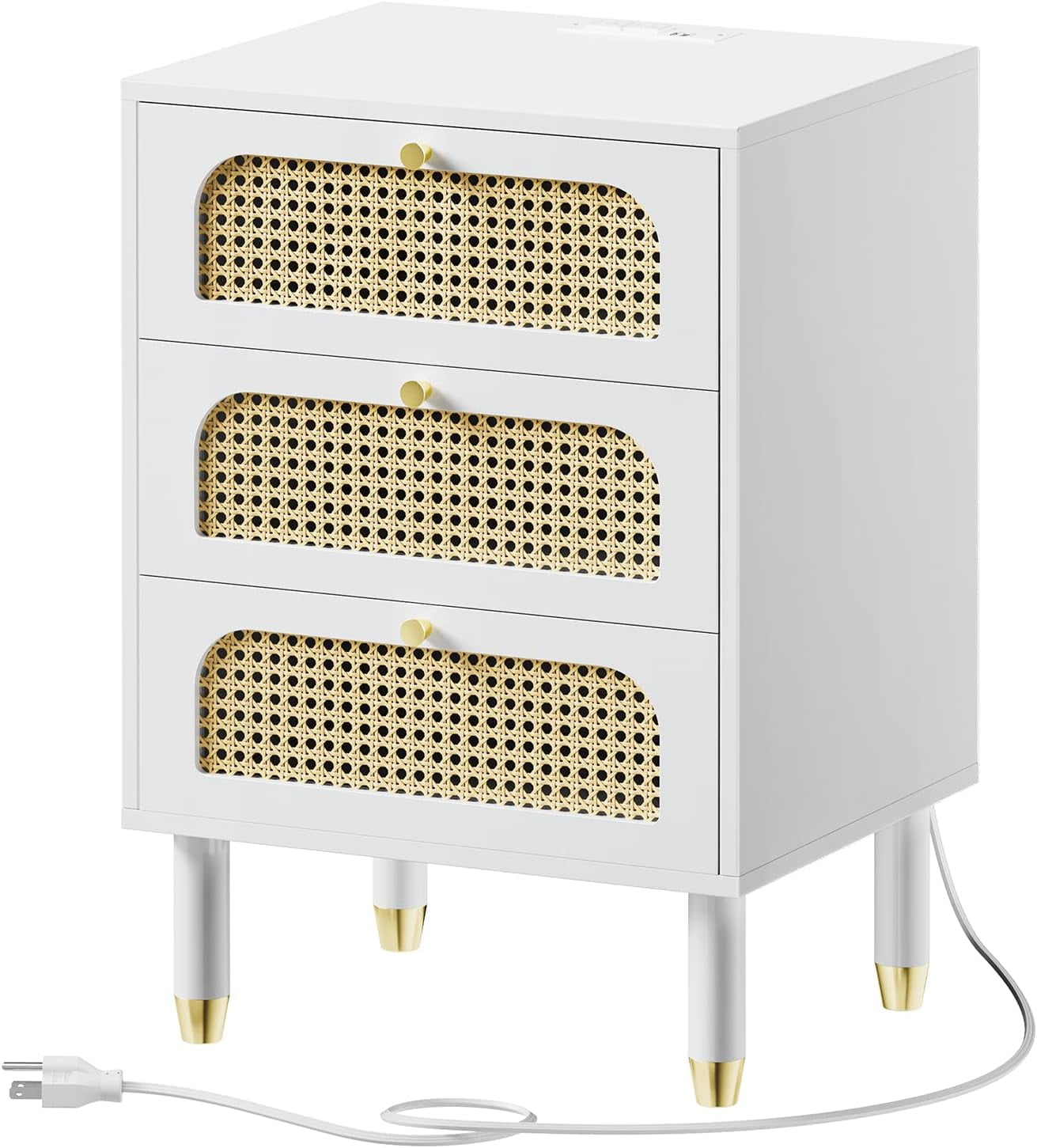 UBesGoo Rattan Nightstand with Charging Station, 27" Tall White Nightstand with 3 Drawers for Bedroom, Boho Mid Century Modern End Table/Side Table/Bedside Table (White, 1 Pack)