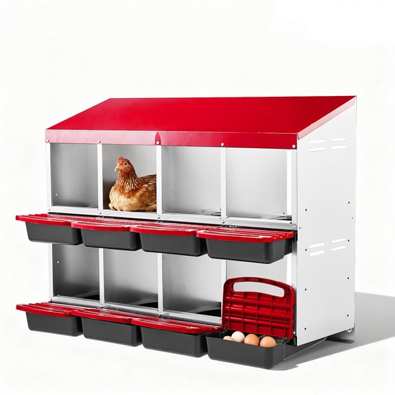 UBesGoo Red Metal Nesting Box, 8-Compartment Galvanized Steel Unit for Chicken & Ducks