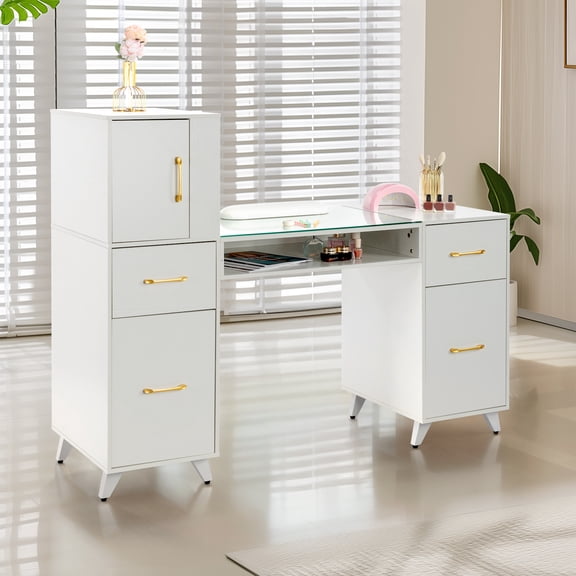 UBesGoo Salon Manicure Table Makeup Nail Desk for Nail Tech with Wrist Cushion Particle Board White