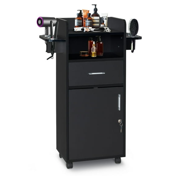 UBesGoo Beauty Salon Storage Cabinet, Lockable Barber Salon Station for Hair Stylist, Hair Styling Equipment for Beauty, Spa, Tattoo, Barber Shop, Black