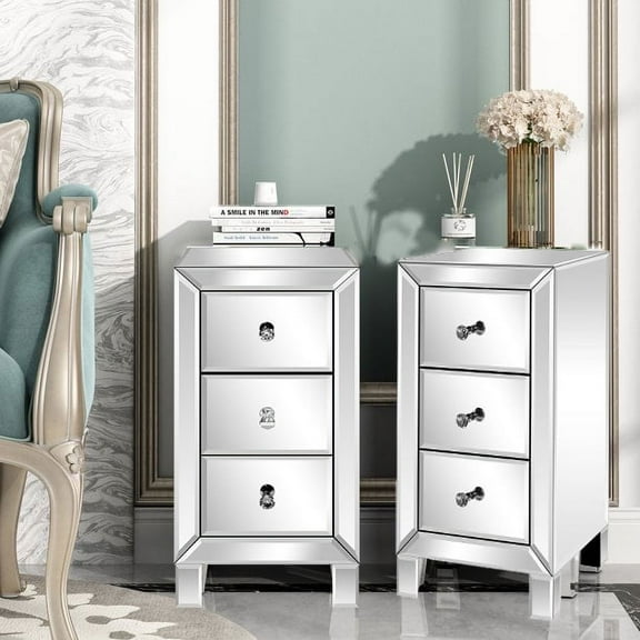 UBesGoo Set of 2 Mirrored 3-Drawer Nightstand Bedside Table End Table Hollywood Regency Glamour Style, Silver