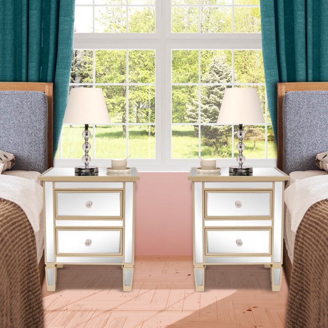 UBesGoo Set of 2 Mirrored Nightstand 2 Drawer Modern Mirror End Table