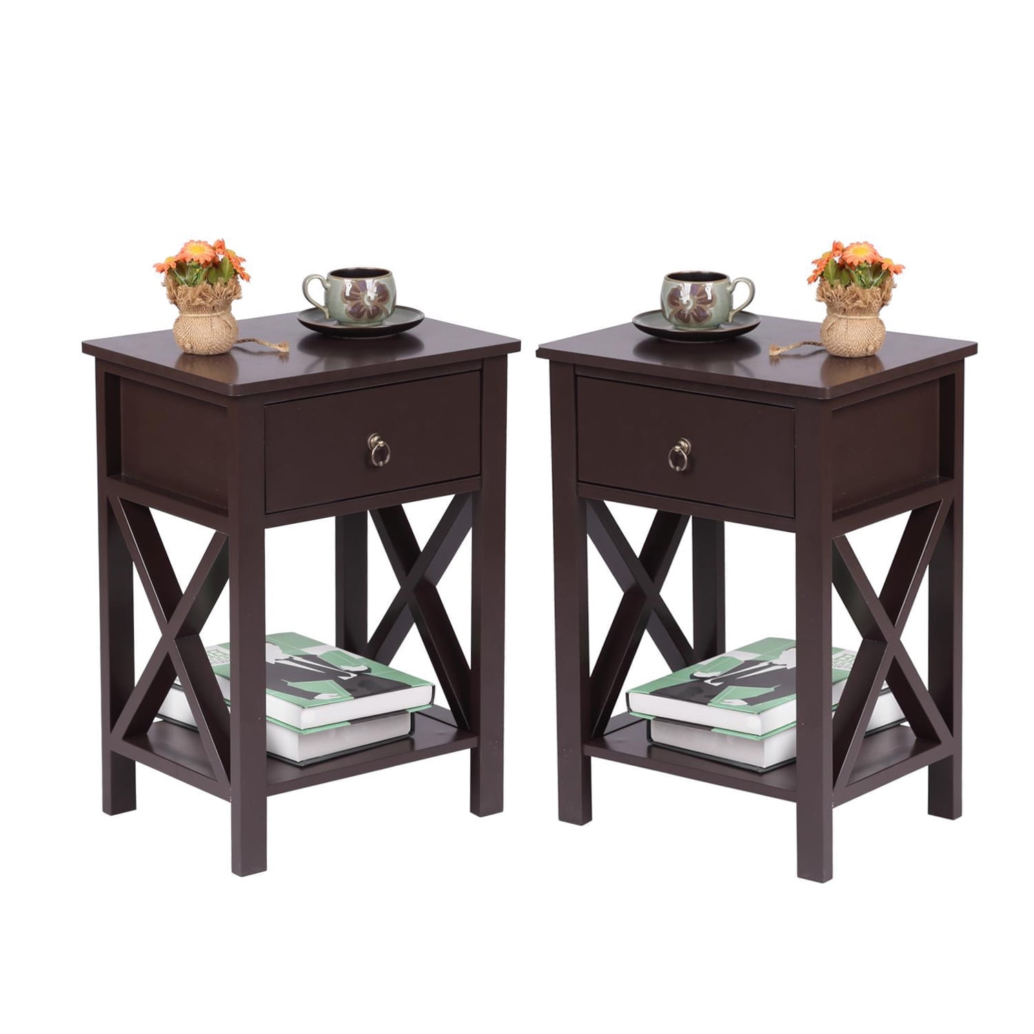 UBesGoo Set of 2 Night Stands for Bedroom Rustic Nightstand Bedside End Tables with Drawer Storage,Brown