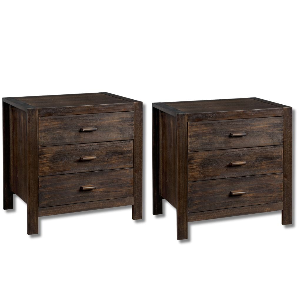 Rustic Brown Solid Pine Wood 3-Drawer Nightstands with USB Charging Station
