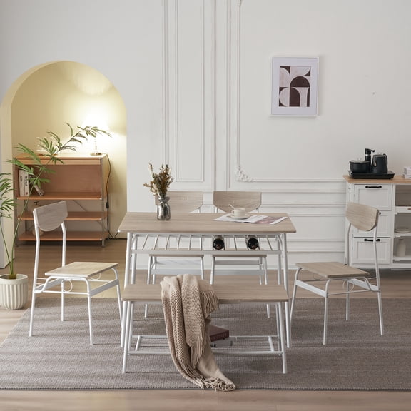 UBesGoo Set of 6 Dinner Table Set with Chairs and Bench for Kitchen Dining Room White Oak