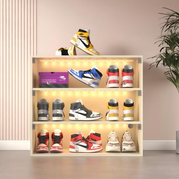 UBesGoo Shoe Storage Cabinet Three Layers with RGB LED Light Glass Door Shoe Box, off White