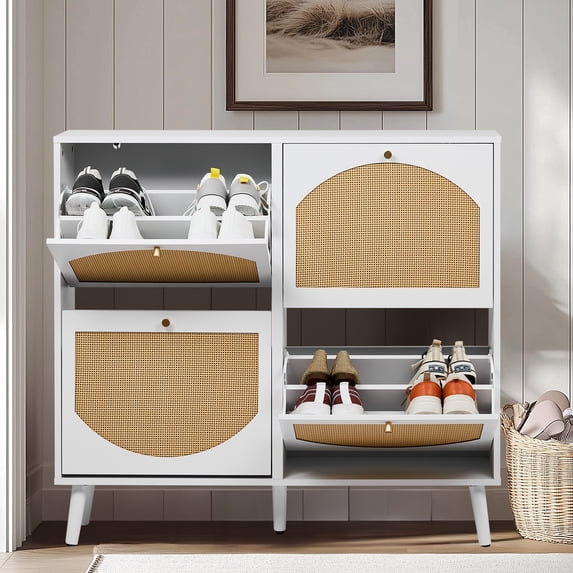 UBesGoo Shoe Storage Cabinet with 4 Flip Drawers, Slim Entryway Shoe Organizer with Half Round Woven Rattan Doorst, White