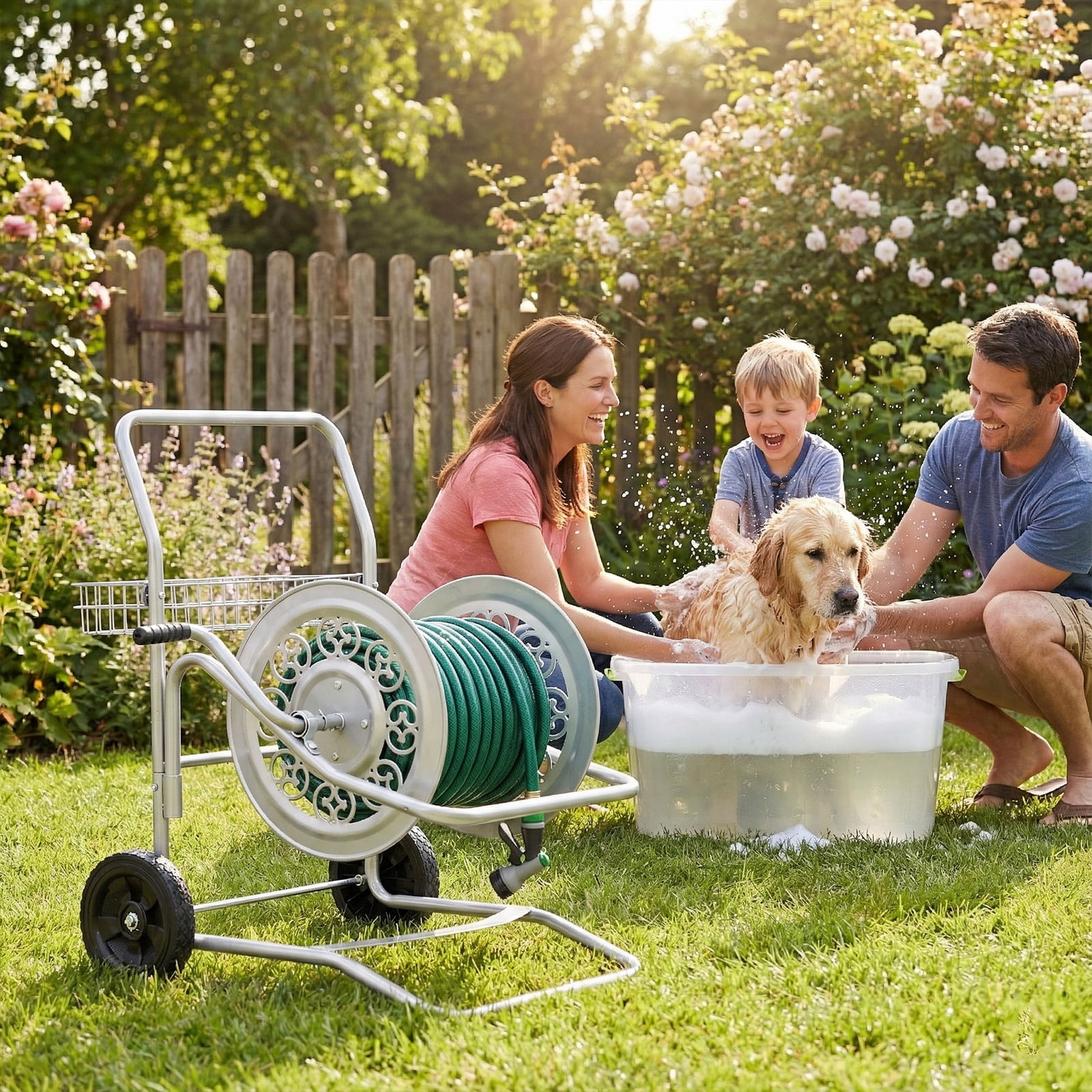 UBesGoo Silver Hose Reel Cart, 200FT Capacity Heavy Duty Steel Frame with Wheels & Easy-Wind Handle