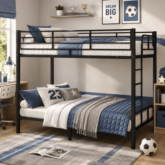 UBesGoo Steel Twin Over Twin Bunk Bed Frame, 14.8" Tall Guardrail, Space-Saving for Bedroom & Dorm Room, Sturdy for Adults, Black