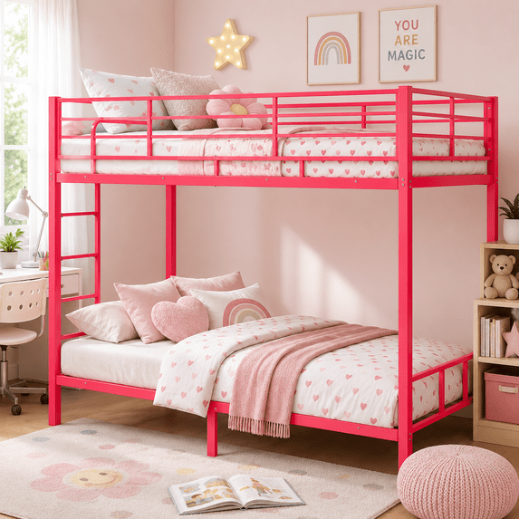 UBesGoo Steel Twin Over Twin Bunk Bed Frame, 14.8" Tall Guardrail, Space-Saving for Bedroom & Dorm Room, Sturdy for Adults, Pink