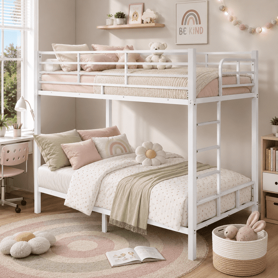 UBesGoo Steel Twin Over Twin Bunk Bed Frame, 14.8" Tall Guardrail, Space-Saving for Bedroom & Dorm Room, Sturdy for Adults, White