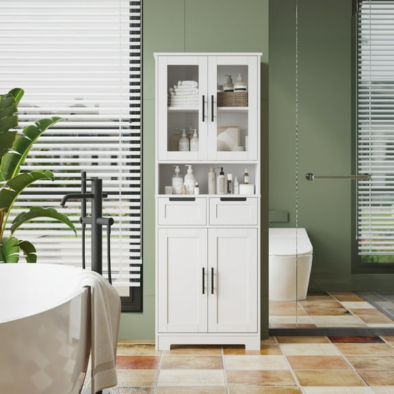 UBesGoo Tall Bathroom Cabinet Storage with 4 Doors & 2 Drawers, Wooden Kitchen Hutch, Large Display Cabinet, White