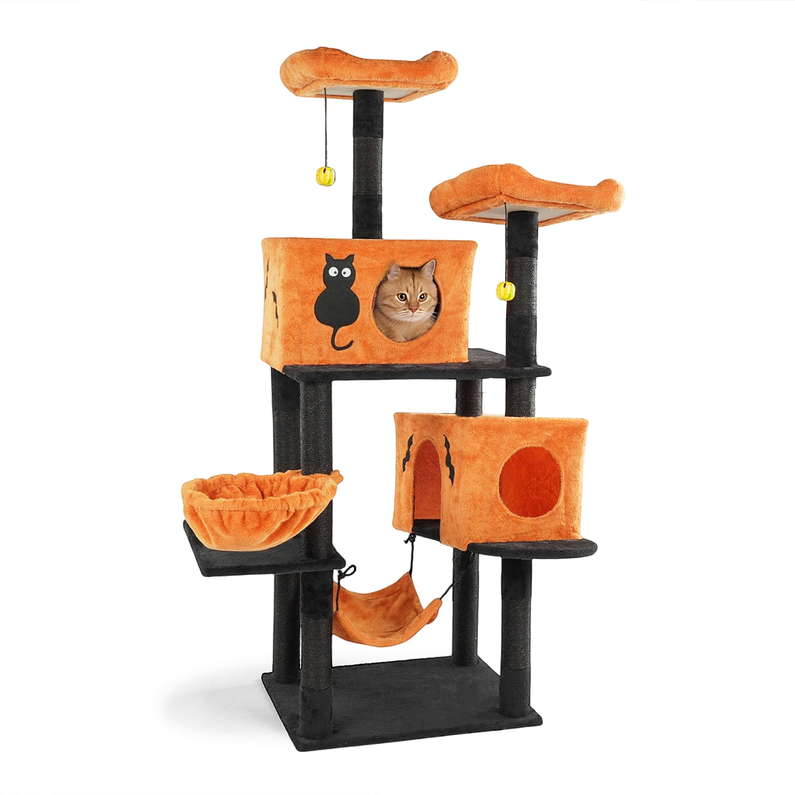 UBesGoo Themed Cat Tree, 61" Orange & Black Halloween Tower with Condos & Play Areas