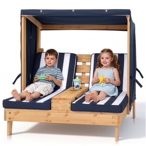 UBesGoo Toddler 2-Seater Patio Daybed with Canopy, Kids Wooden Outdoor Lounge with Cushion & Side Table, Teak Tone Cedar Frame