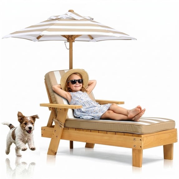 UBesGoo Toddler Patio Chaise Lounge Chair with Canopy Umbrella, Kids Wooden Sunbed with Cushion for Backyard, Brown & Beige Striped Design