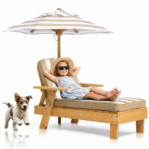 UBesGoo Toddler Patio Chaise Lounge Chair with Canopy Umbrella, Kids Wooden Sunbed with Cushion for Backyard, Brown & Beige Striped Design