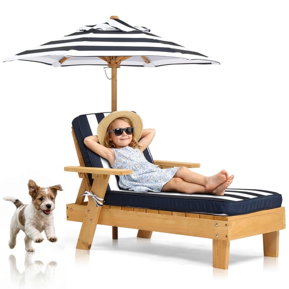 UBesGoo Toddler Patio Chaise Lounge Chair with Canopy Umbrella, Kids Wooden Sunbed with Cushion for Backyard, Teak Finish & Blue-White Striped Design