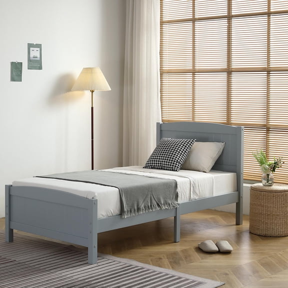 UBesGoo Twin Bed, Pine Single-Layer Vertical Striped Bed with Headboard and footboard, Bedroom Twin Bed Frame Gray