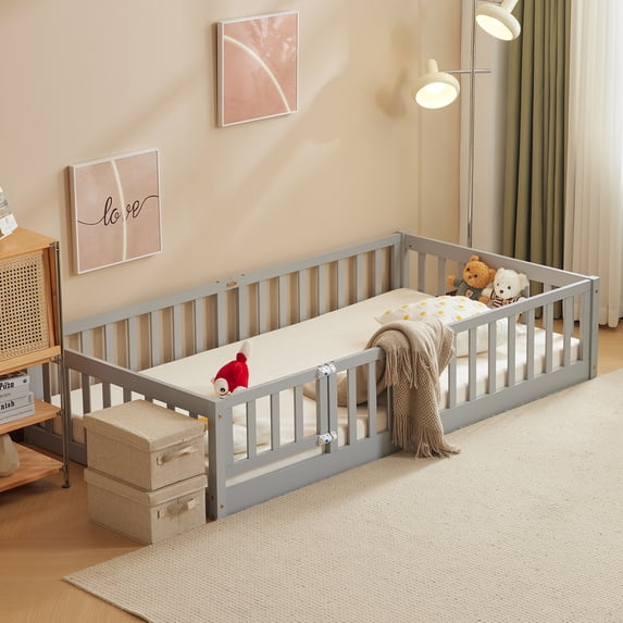 UBesGoo Twin Montessori Floor Bed with Door and Guardrails, Wood Slat Bed Frame, No Box Spring Needed, Gray
