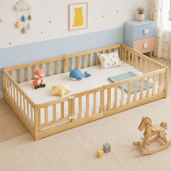 UBesGoo Twin Montessori Floor Bed with Door and Guardrails, Wood Slat Bed Frame, No Box Spring Needed, Natural