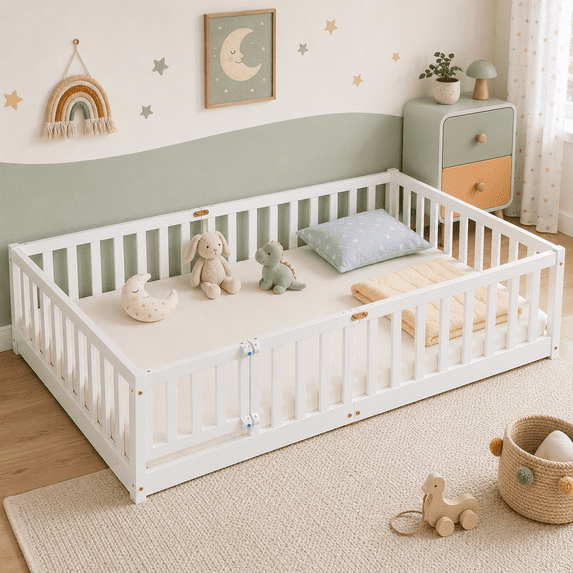 UBesGoo Twin Montessori Floor Bed with Door and Guardrails, Wood Slat Bed Frame, No Box Spring Needed, White