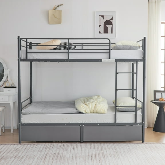 UBesGoo Twin Over Twin Bunk Bed with 2 Storage Drawers, Separable Solid Metal Frame Loft Bed, Two Daybeds Conversion for Any Bedroom Layout, Gray