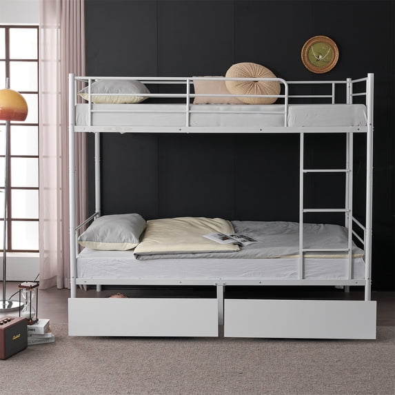 UBesGoo Twin Over Twin Bunk Bed with 2 Storage Drawers, Separable Solid Metal Frame Loft Bed, Two Daybeds Conversion for Any Bedroom Layout, White