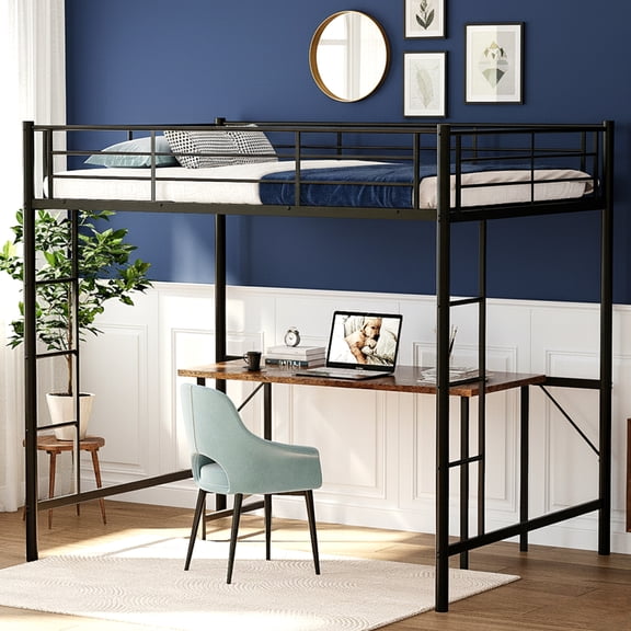 UBesGoo Twin Size Loft Bed Frame, Metal Bunk Bed with Full Horizontal Tube Guardrails and Dual Side Ladders, Space Saving Bedroom Furniture for Home Dorm Apartment, Black