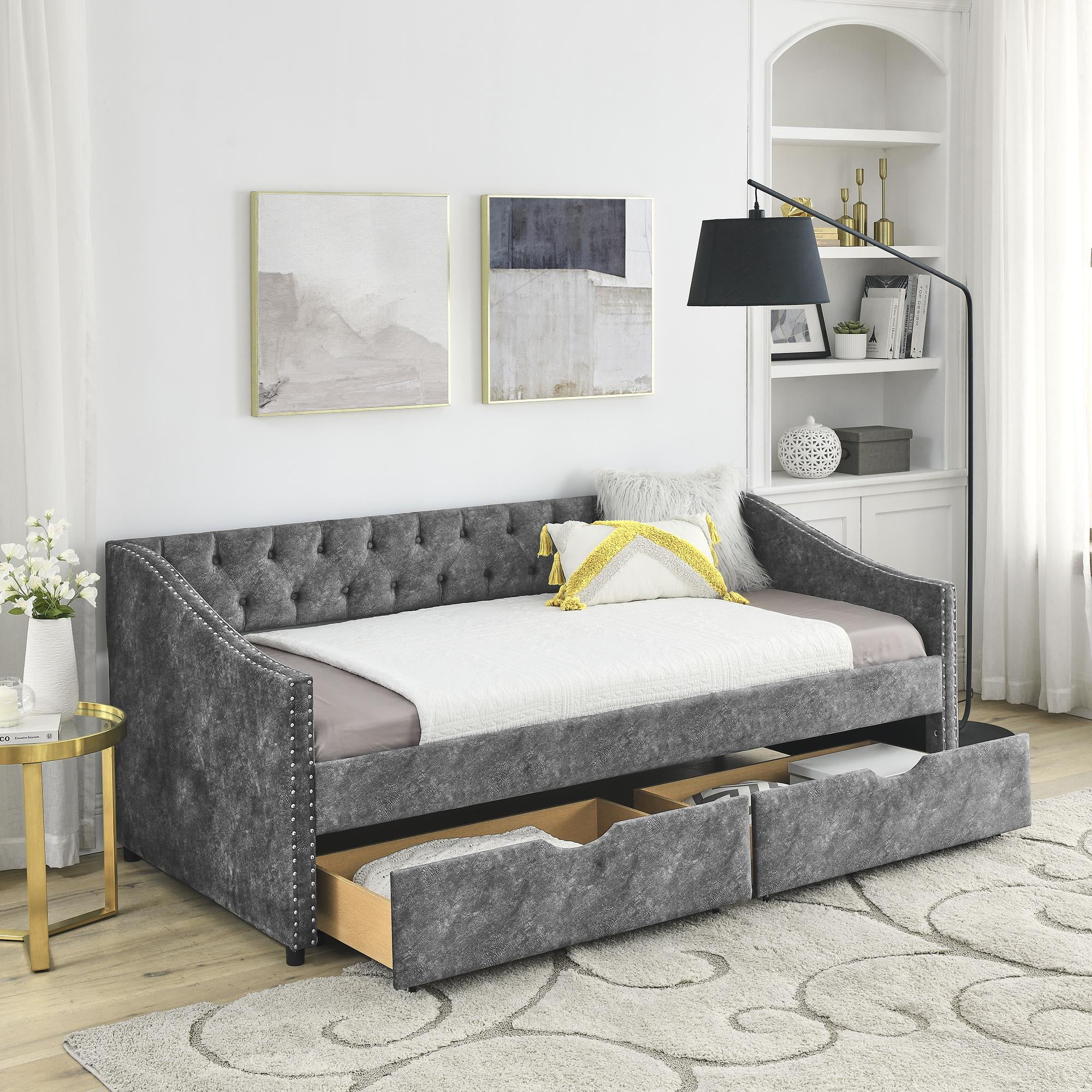 UBesGoo Twin Size Sofa Bed with 2 Drawers Sofa Bed with Wood Support