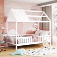 thumbnail image 1 of UBesGoo Twin Size Wood House Bed with Fence, White, 1 of 13