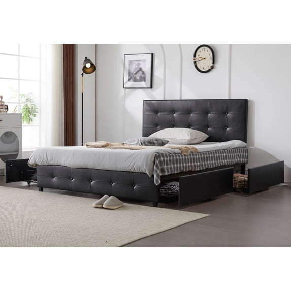 UBesGoo Upholstered Queen Bed Frame w/ 4 Drawers,Platform Bed Frame,No Box Spring Neededy, Black