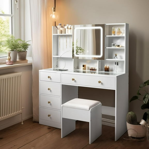 UBesGoo Vanity Desk with 3 Color Lighted Mirror, 6 Drawers Makeup Vanity, Dressing Table Makeup Desk with Stool, White