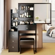UBesGoo Vanity Table Set with Sliding Mirror, Makeup Table with 4 Drawers, Dressing Table for Female, Girl, Black