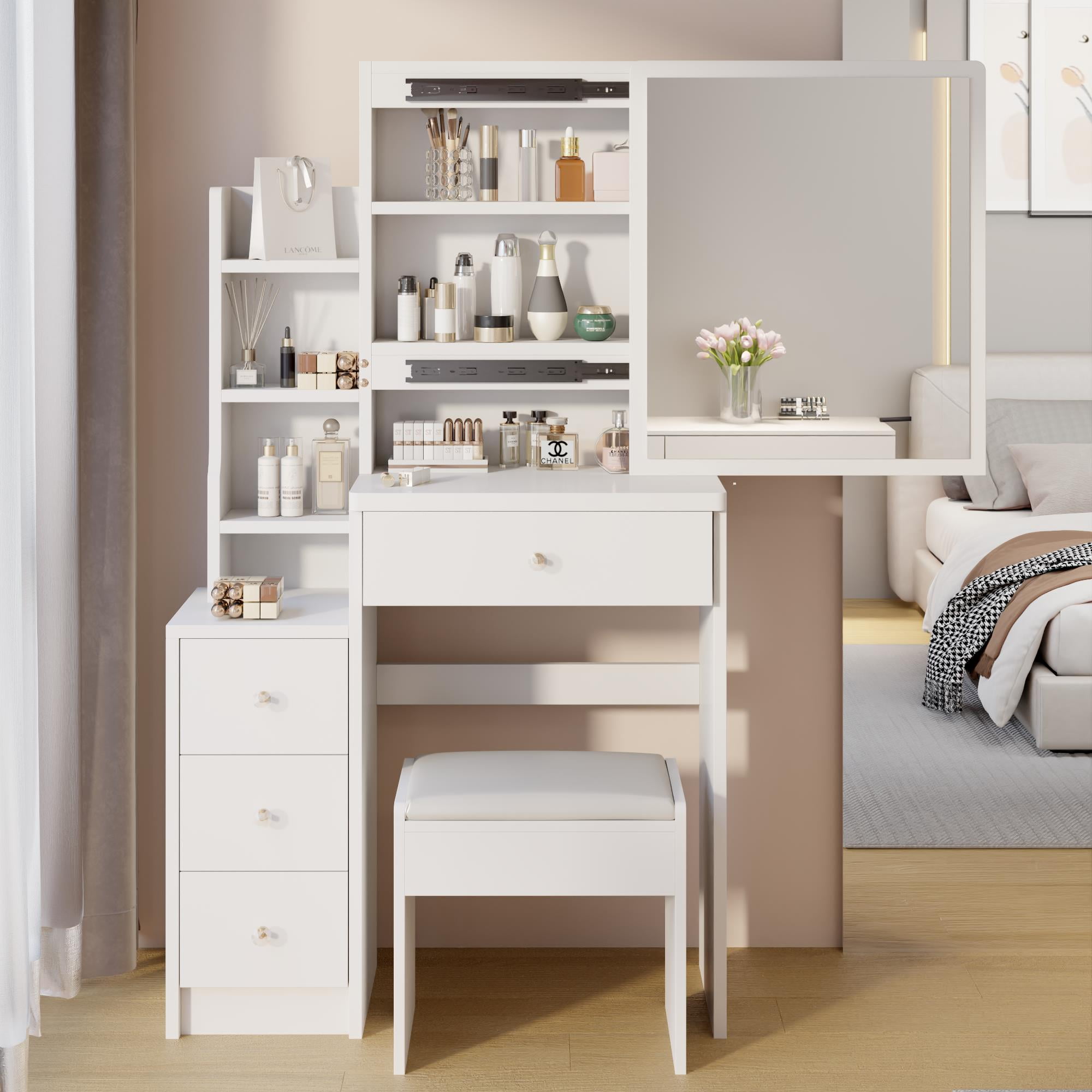 UBesGoo Bedroom Vanity Set, White Dressing Desk with Sliding Mirror & 4  Drawers, Makeup Table for Girls - Walmart.com