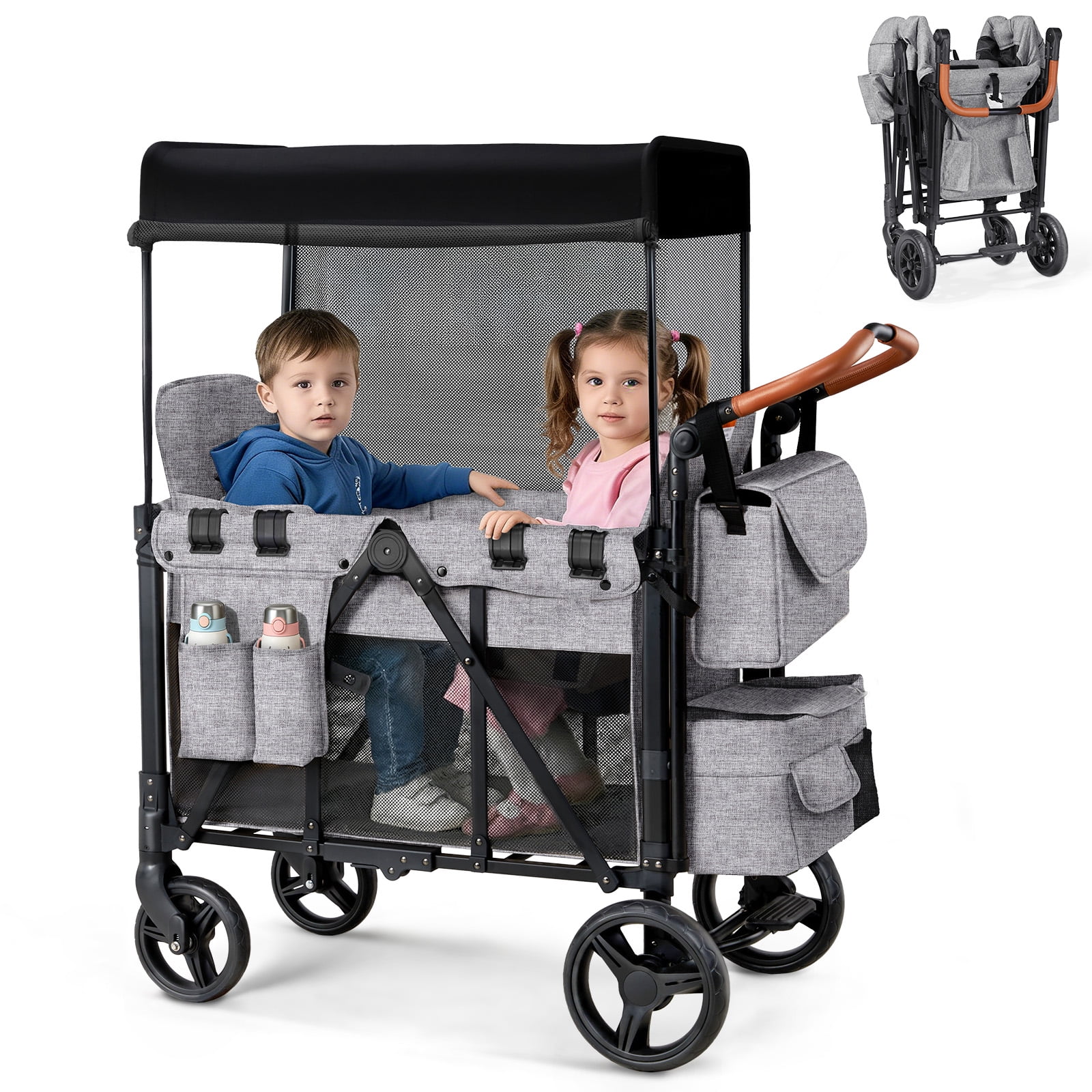 UBesGoo Wagon Stroller for 2 Kids, High Seat & 5 Point Harness, Foldable All-Terrain Wagon for Toddler with Removable Canopy, Adjustable Handlebar, Large Storage Bag, Gray