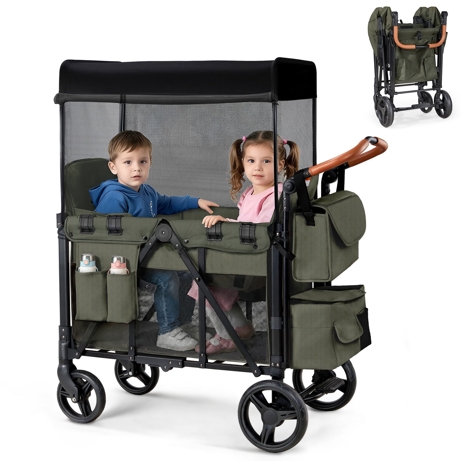 UBesGoo Wagon Stroller for 2 Kids, High Seat, Foldable All-Terrain Wagon for Toddler with Removable Canopy, Adjustable Handlebar, Large Storage Bag, Green