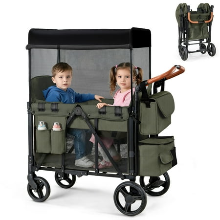 UBesGoo Wagon Stroller for 2 Kids, High Seat, Foldable All-Terrain Wagon for Toddler with Removable Canopy, Adjustable Handlebar, Large Storage Bag, Green