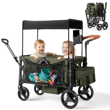 UBesGoo Wagon Stroller for 2 Kids, Low Seat & Deep Footwell, Foldable All-Terrain Wagon with Canopy, Adjustable Handlebar, Storage Net, Cup and Phone Holder, Green