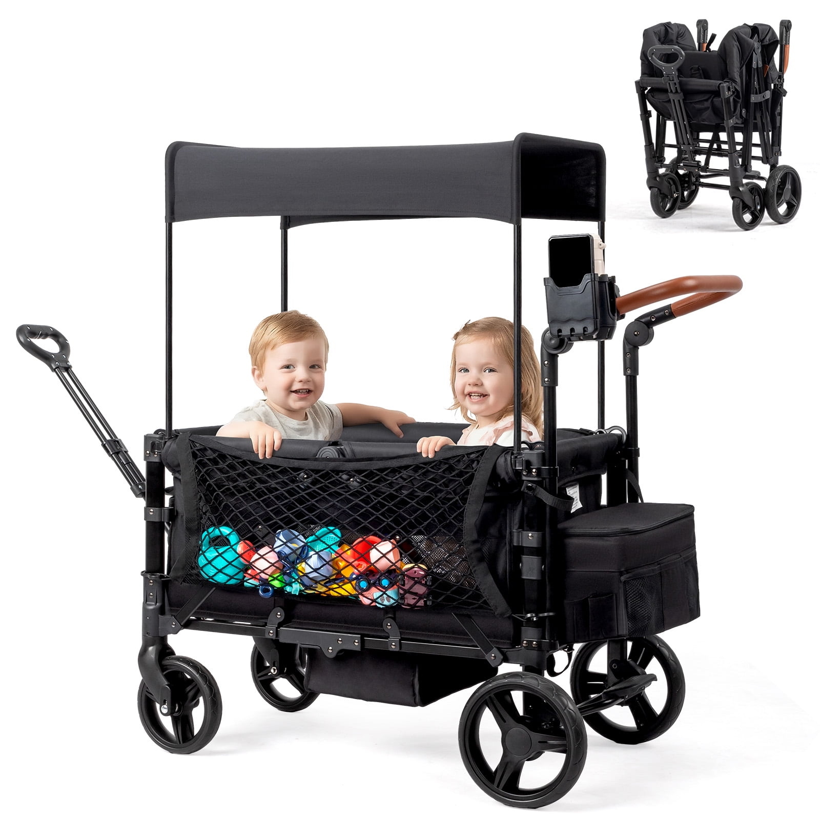 UBesGoo Wagon Stroller for 2 Kids, Low Seat & Deep Footwell, Foldable All-Terrain Wagon with Canopy, Adjustable Handlebar, Cup and Phone Holder, Black
