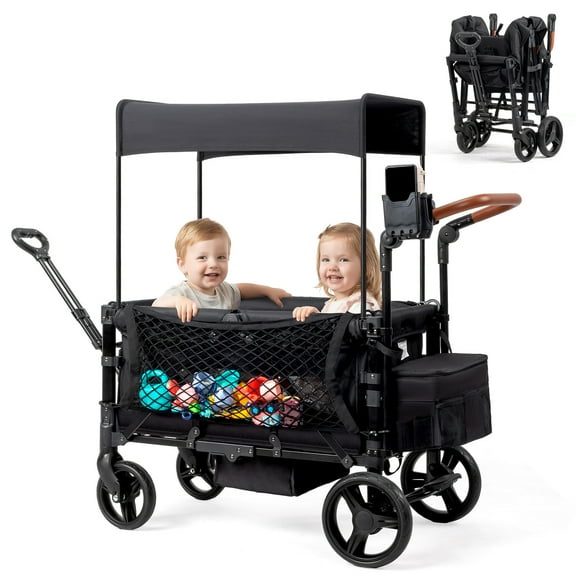 UBesGoo Wagon Stroller for 2 Kids, Low Seat & Deep Footwell, Foldable All-Terrain Wagon with 5 Point Harness, Canopy, Adjustable Handlebar, Storage Net, Cup and Phone Holder, Black